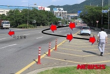 중앙선 넘어 일방통행도로로 역주행을 시작하는 지점