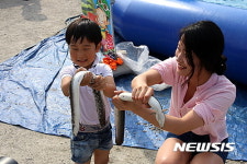 엄마와 함께 고창 풍천장어를 잡은 어린이