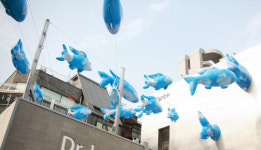 강남구 가로수길에 풍선 물고기 띄워