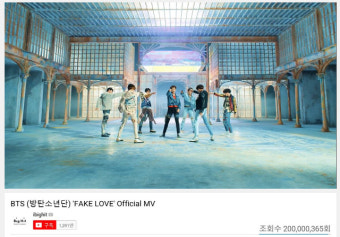 방탄소년단, 정규 3집 타이틀곡 ‘FAKE LOVE’ 뮤직비디오 2억뷰 돌파..9번째 2억뷰 기록