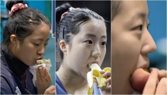 신유빈, 바나나·주먹밥 깜찍 먹방...
