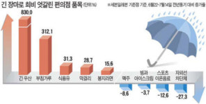 [3주일째 비…여름장사 희비] 물 먹은 빙과ㆍ맥주ㆍ바캉스용품…물 만난 장마용품