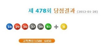 로또478회 1등 당첨번호 18, 29, 30, 37, 39, 43+8