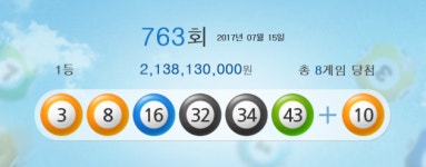 제763회 로또 당첨번호 3, 8, 16, 32, 34, 43