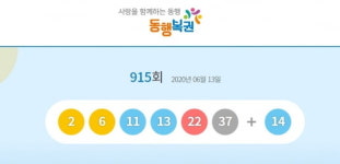 915회 로또 1등 당첨번호 2, 6, 11, 13, 22, 37