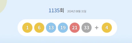 1135회 로또 1등 번호 1, 6, 13, 19, 21, 33…보너스 4