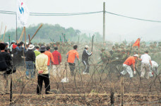 평택 시위대, 철조망 뚫고 軍과 충돌