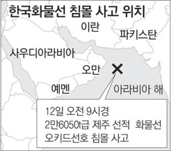 한국 화물선 오만해역서 침몰 13명 실종