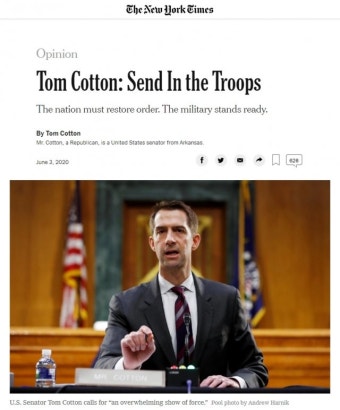 “군대 동원해 시위 진압하라” NYT 코튼 의원 칼럼에 기자들 강력 반발