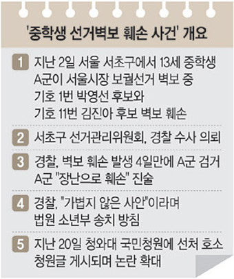 장난으로 박영선 벽보 찢었는데… 중학생 소년부 송치