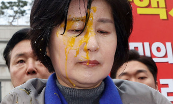 野 백혜련, 헌재 앞 회견 중 ‘계란’ 봉변…“민주주의 사회에 있어선 안 되는 일”