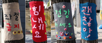“토닥 토닥”, “힘내세요”… 만리재로 가로수 뜨개옷이 건네는 인사 [한강로 사진관]