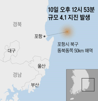 포항 북동쪽 해역서 규모 4.1 지진… 소방 