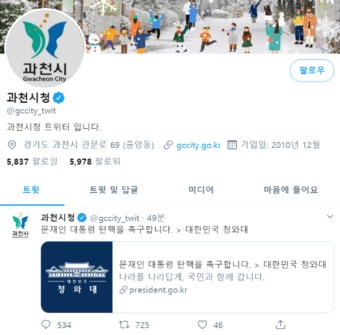 과천시청 트위터 계정에 '문재인 대통령 탄핵 촉구' 올라와