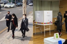 빨간 양말·스카프 두른채…김건희, 자택 인근서 사전투표