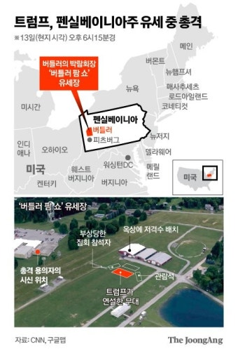 트럼프 총격범, 행사장 밖 옥상에서 저격…청중 1명 사망, 2명 중상