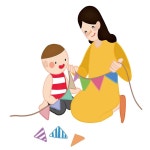 아이가 자르고, 아빠는 실로 연결하고