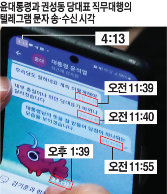 사진 찍힌 `권성동 문자` 고의냐, 실수냐… 오전에 주고받은 대화 오후 4시에 찍혀