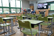 [포토]텅 빈 교실에서 원격 수업 진행하는 선생님