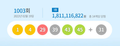 1003회 로또 1등 당첨번호 ‘1,4,29,39,43,45’...보너스 번호 ‘31’