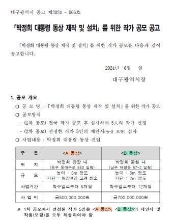 대구 ‘박정희 동상’ 설치 작가 공모…“3·6ｍ 동상 1개씩 세운다”