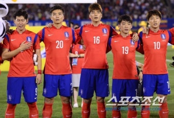 [포토] 축구대표팀 어깨동무 국민의례, 손흥민은 거부!