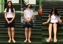 언프리티랩스타 육지담, 교복입고 아이스 버킷 챌린지 털썩