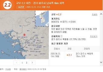 파주 남서쪽서 규모 2.2 지진