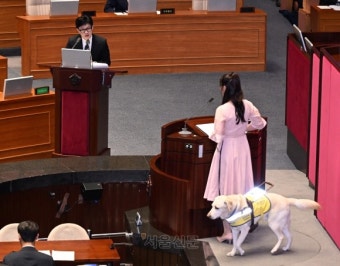 안내견 조이와 함께 대정부질문 나선 김예지 의원[서울포토]