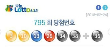 제795회 로또 1등 당첨번호 3, 10, 13, 26, 34, 38 보너스 36