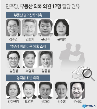 민주당, 부동산 불법거래 의혹 의원 12명에 탈당 권유…윤미향 양이원영은 출당 조치