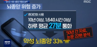 [영상캡처] MBC 뉴스데스크 '휴대전화 전자파 뇌종양에 영향 첫 산재 인정'…