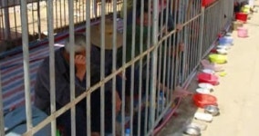 길거리 철창에 갇혀 구걸…인간 동물원 논란