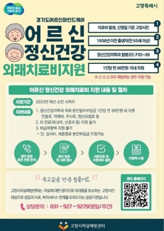의료 사각지대에 노인 우울증…고양시, 어르신 정신건강 치료비 지원