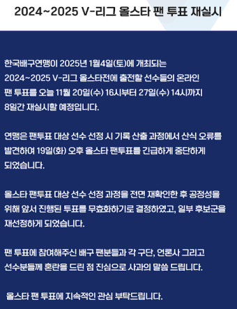 '올스타 팬투표 오류' KOVO 