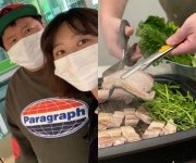 정형돈♥한유라, 쌍둥이 딸과 삼겹살 파티..제대로 먹을 줄 아는 가족