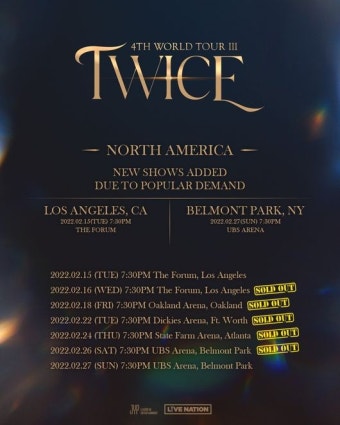 트와이스, 4번째 월드투어 美 5개 도시 공연 티켓 매진..콘서트 2회 추가 [공식]