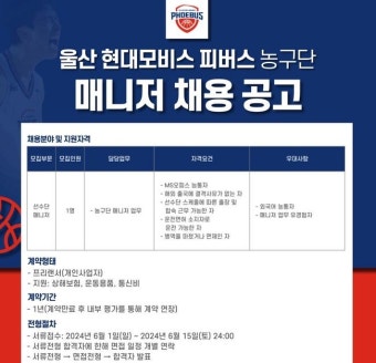 울산 현대모비스 피버스, '선수단 매니저' 모집...6월 15일까지 서류접수