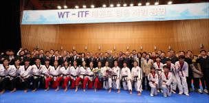 <포토> 기념촬영하는 남북 태권도시범단