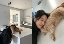 “션♥” 정혜영, 모델하우스 같은 주방에서 반려견과 오붓한 시간[리포트:컷]