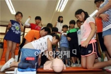 [포토]심폐소생술 배우는 학생들