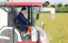 [포토]벼 수확하는 이낙연 전남도지사