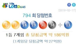 로또794회 당첨번호는?…1등 당첨금 약 26억5000만 원