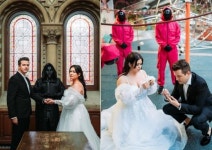 드레스 입고 달고나 뽑는 이색 결혼사진…난 오징어게임 열성 팬