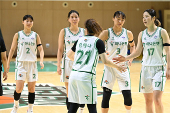 남자 대학팀 상대한 ‘완전체’ 하나원큐, 경희대의 높이와 힘에 밀리며 패배