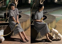 박지윤, 달밤에 나선 산책! 스트라이프 원피스에 쪼리 신고 내추럴한 밤나들이룩