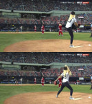 에이핑크 윤보미 시구…포수 미트에 빨려 들어가는 정확한 송구 선수들도 감탄