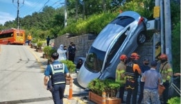 카페에 주차하려다… 담벼락 아래로 추락한 승용차