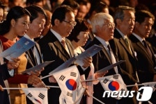 한글날 경축식 참석한 이자스민-안철수-권영길