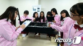 실측 실험하는 여학생들